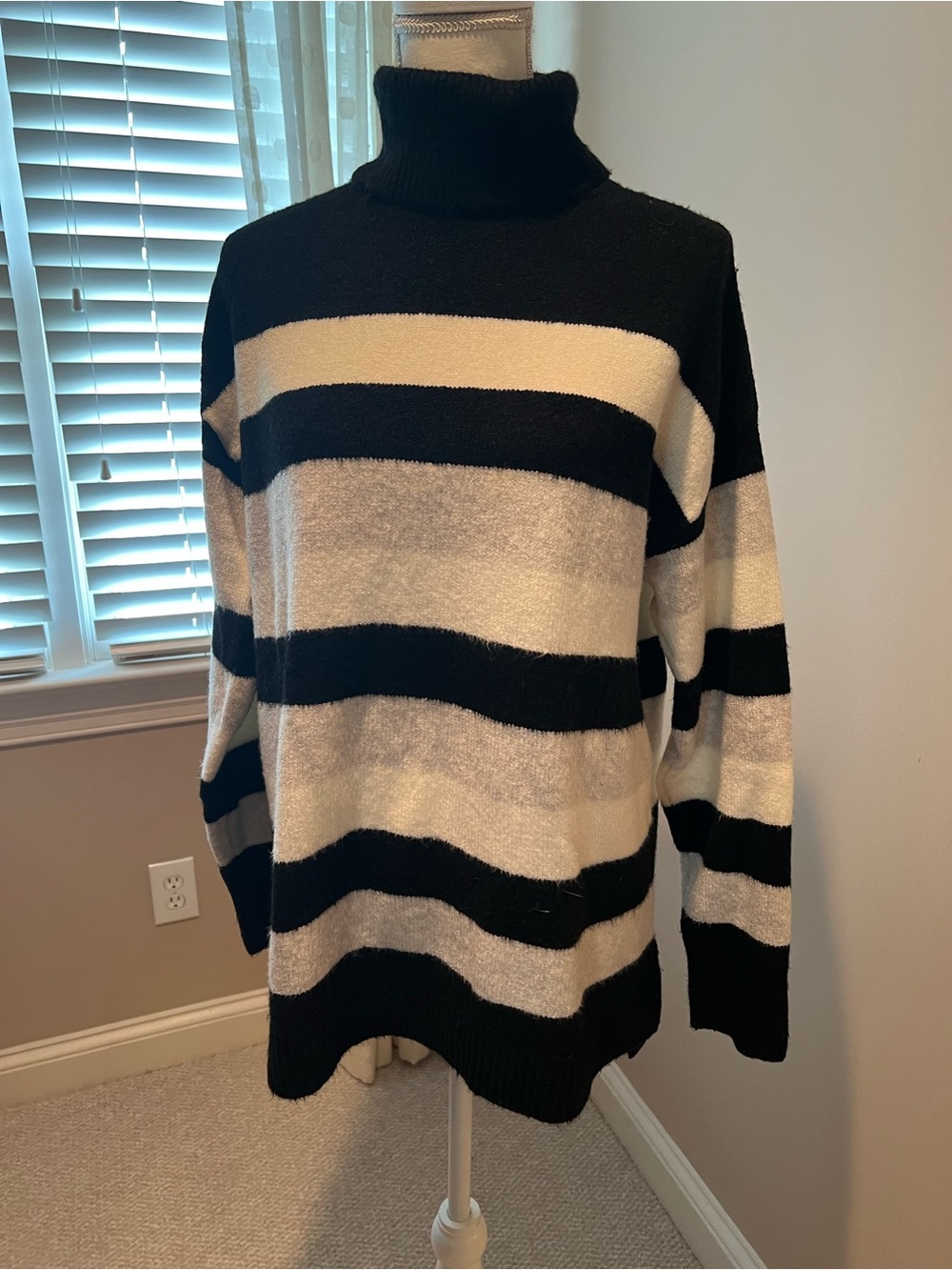 Talbots Black and Cream Striped Turtleneck Sweater